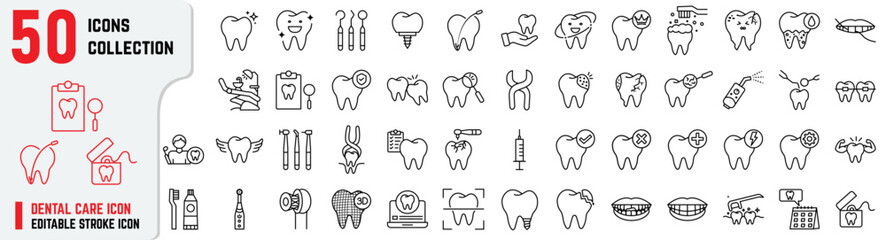 Dental Care Icons Set | Tooth, Braces, Root Canal, Cleaning, Dentist Tools, Wisdom tooth | Set of Dental 50 Editable Stroke Icons