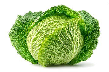 Fototapeta premium Fresh Savoy Cabbage Head with Textured Leaves, Green and Yellow Veins on White Background