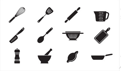A collection of simple, black silhouette icons representing various kitchen tools and utensils vector art on white