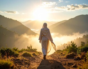 A Muslim woman in flowing abaya walking through a peaceful valley with mist and morning sunlight 