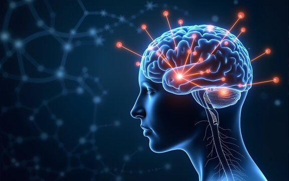 Human brain connexions illustration with abstract background and plexus lines network and copy space. Cerebral or neuronal activity concepts. High quality