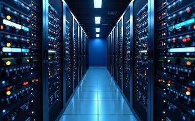 Data Center Computer Racks In Network Security Server Room Cryptocurrency Mining. High quality