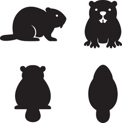 beaver silhouette icons set side, front, back, and top views vector art illustration