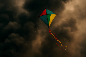 Colorful Kite Flying Against Dark Smoky Sky with Dramatic Clouds and Dynamic Movement