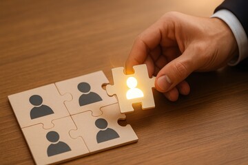Hand Holding Illuminated Puzzle Piece with Human Figure Symbolizing Team Building, Collaboration, and Connection in Modern Work Environment