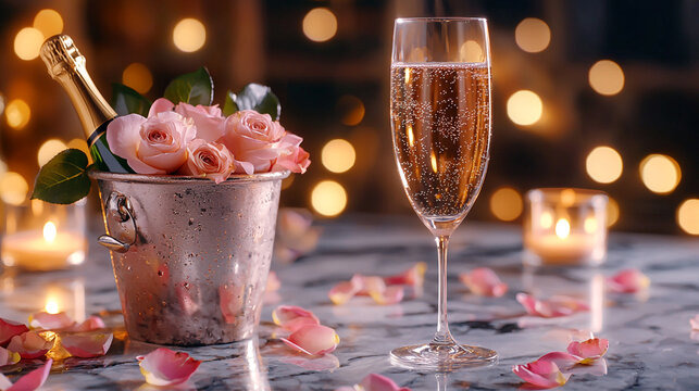 Elegant celebration scene with champagne, roses, and soft candlelight ambiance