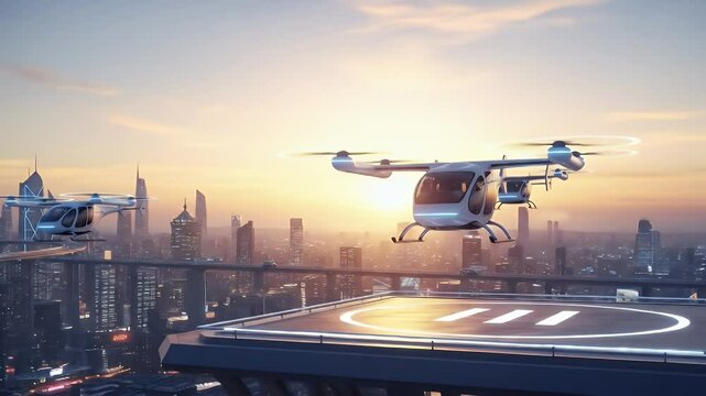 Futuristic city rooftop helipad with aerial vehicles