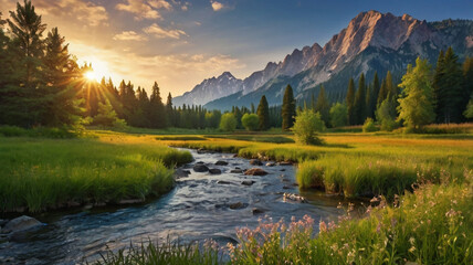 Fototapeta premium Mountain landscape with alpine meadow and colorful forest at sunset.