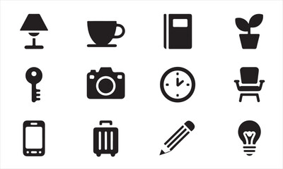 a collection of simple, black icons depicting various everyday objects, including a lamp, coffee cup, notebook, plant, key, camera, clock, chair, phone, suitcase, pencil, and lightbulb vector art on