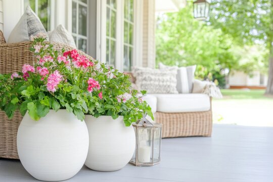 Brightly colored geraniums in stylish white pots on a cozy porch with wicker furniture and a lantern, creating a welcoming outdoor space during a sunny afternoon