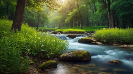 Obraz premium Mountain landscape with alpine meadow and colorful forest at sunset.