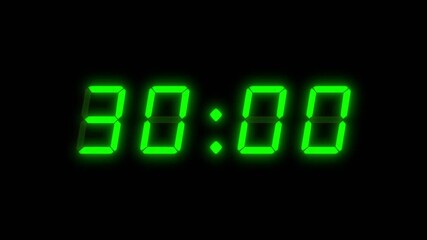 A four digit, 30 second digital clock counting down. Green integers on a black background. Retro digital alarm clock with glow - Powered by Adobe