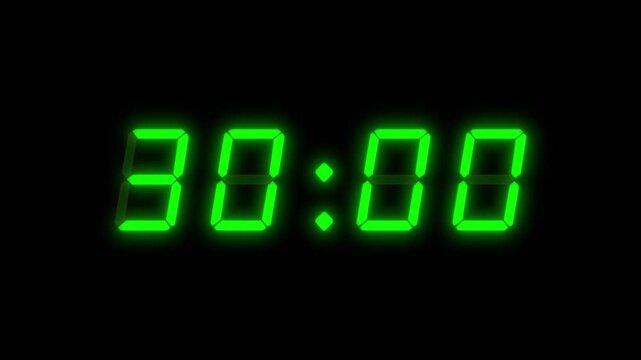 A four digit, 30 second digital clock counting down. Green integers on a black background. Retro digital alarm clock with glow