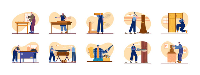 Woodwork illustrations set. Woodworking carpentry handcraft concept. Vector set of carpenter make furniture illustration.