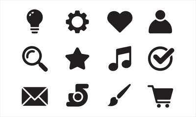 Art & IllustrationA collection of essential user interface (UI) icons, including a lightbulb, gear, heart, person, magnifying glass, star, music note, check mark, envelope, settings, paintbrush vector