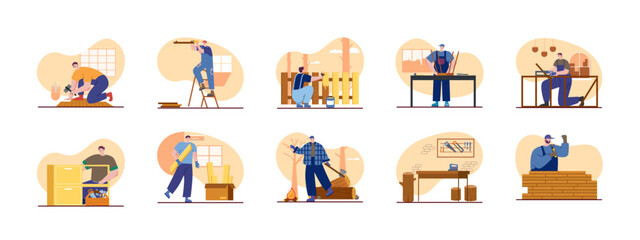 Woodwork illustrations set. Woodworking carpentry handcraft concept. Vector set of carpenter make furniture illustration.