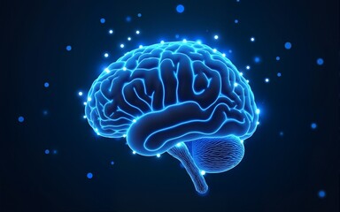 A blue digital brain with glowing connections, representing the power of artificial intelligence and its role in data analysis and machine learning. High quality
