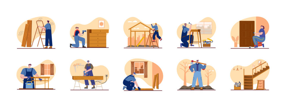 Woodwork illustrations set. Woodworking carpentry handcraft concept. Vector set of carpenter make furniture illustration.