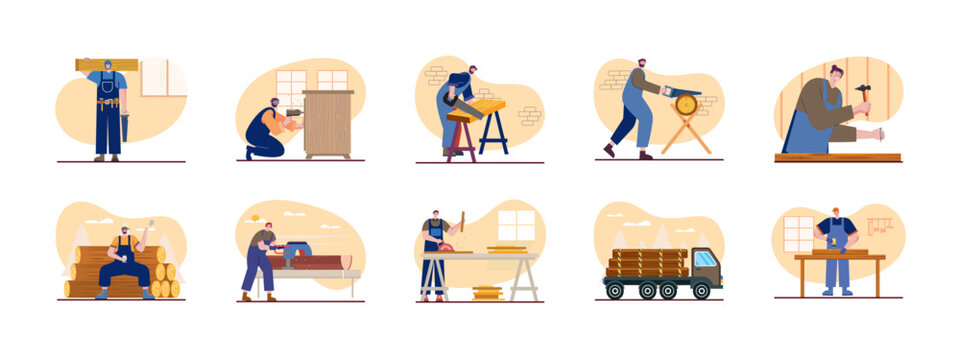 Woodwork illustrations set. Woodworking carpentry handcraft concept. Vector set of carpenter make furniture illustration.