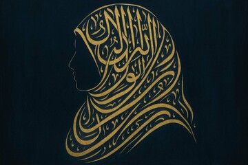 Calligraphy silhouette of a Muslim woman with golden Arabic script on a dark background, symbolizing faith, dignity, and culture. Great for World Hijab Day or Islamic Heritage Month.

