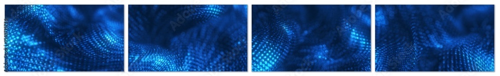 Poster technology network background set of 4 with abstract blue particles forming a flowing mesh or wave p