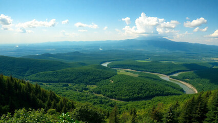 Obraz premium Mountain landscape with alpine meadow and colorful forest at sunset.