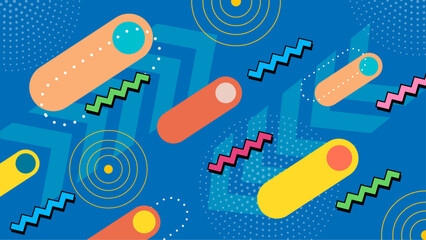 Vibrant 90sstyle abstract artwork with colorful shapes and patterns. Suitable for retro designs, music albums, posters, and social media.