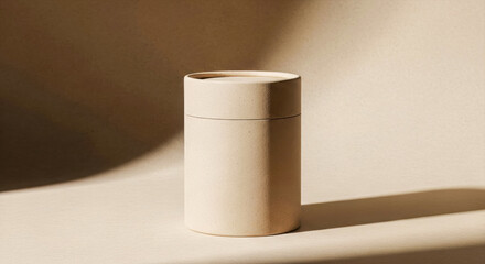 A simple, cylindrical light brown paper tube with a lid rests on a matching surface, bathed in soft, warm light casting subtle shadows.