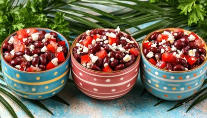 Three bowls of vibrant bean salad