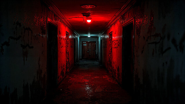 Crimson corridor illuminated by eerie red light