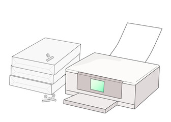 白いプリンタとA4サイズのプリンタ用紙