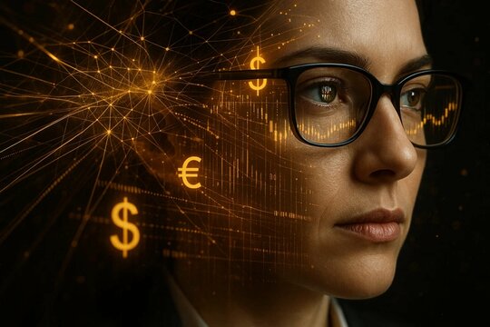 Finance technology concept showing woman with digital currency signs, data analytics and neural network lines. Perfect for fintech, trading, AI economy, and global finance content.

