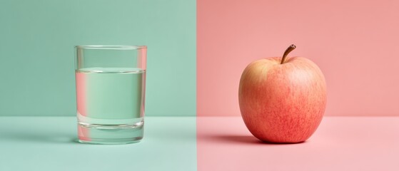 Minimalist Hydration Reminder with Fresh Apple and Glass of Water on Pastel Background for Wellness and Balanced Nutrition Promotion