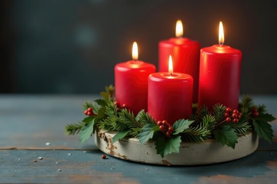 Rustic white wood advent wreath, four red candles ablaze, festive decor , warmth, light