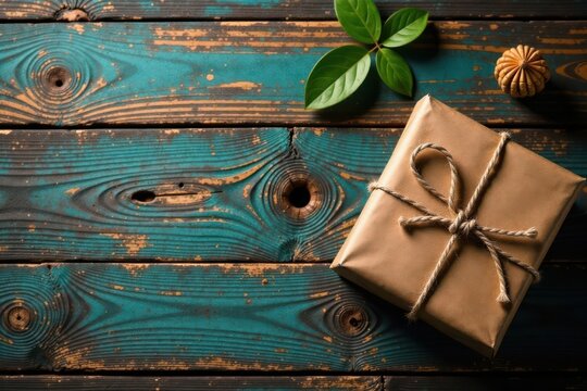 Rustic wooden backdrop, aged packages tied with twine , wooden texture, delivery