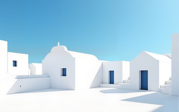 Minimal buildings background with traditional Greek style architecture. Low angle view of white houses against a blue clear summer sky. Neural network ai generated art. High quality
