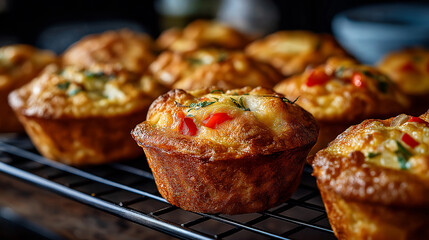 Baked Savory Muffins: Close-up of freshly baked, golden-brown savory muffins, perfectly arranged on a cooling rack, offering a delightful display of culinary excellence and a visual feast.