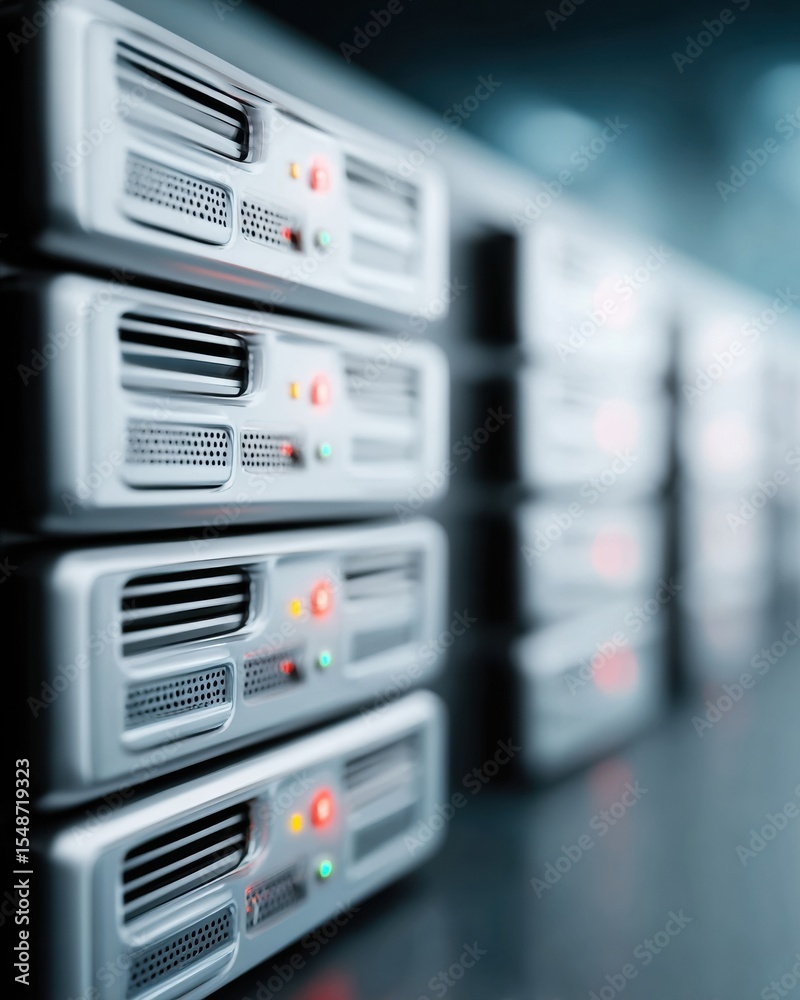 Aufkleber close-up of stacked metallic server hardware in database cluster with indicator panels for secure en