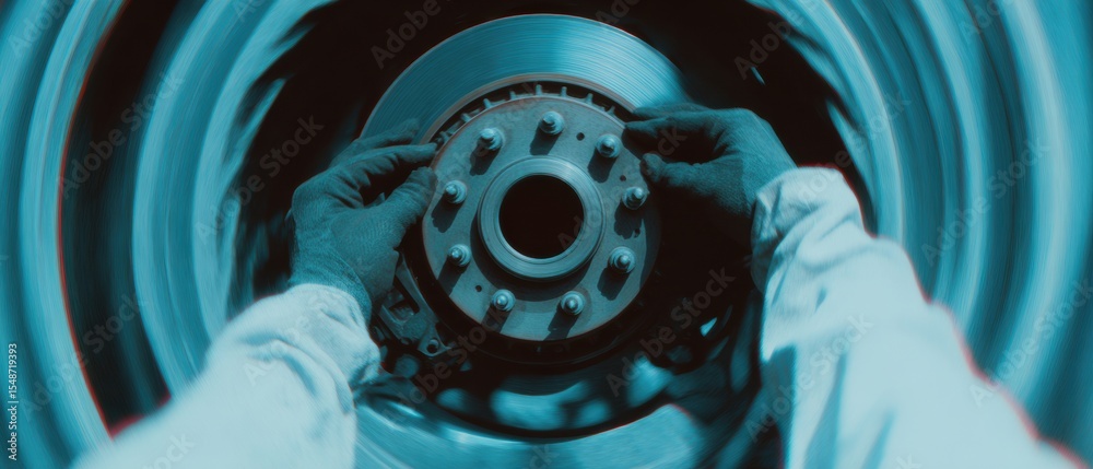 Poster close-up of mechanic hands maintaining front brake disc and pads assembly with tools in automotive s