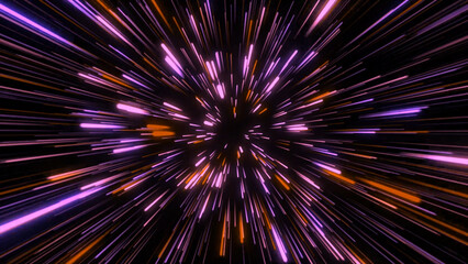 Abstract Hyper Speed Light Trails in Space with Purple and Orange Colors This image shows
