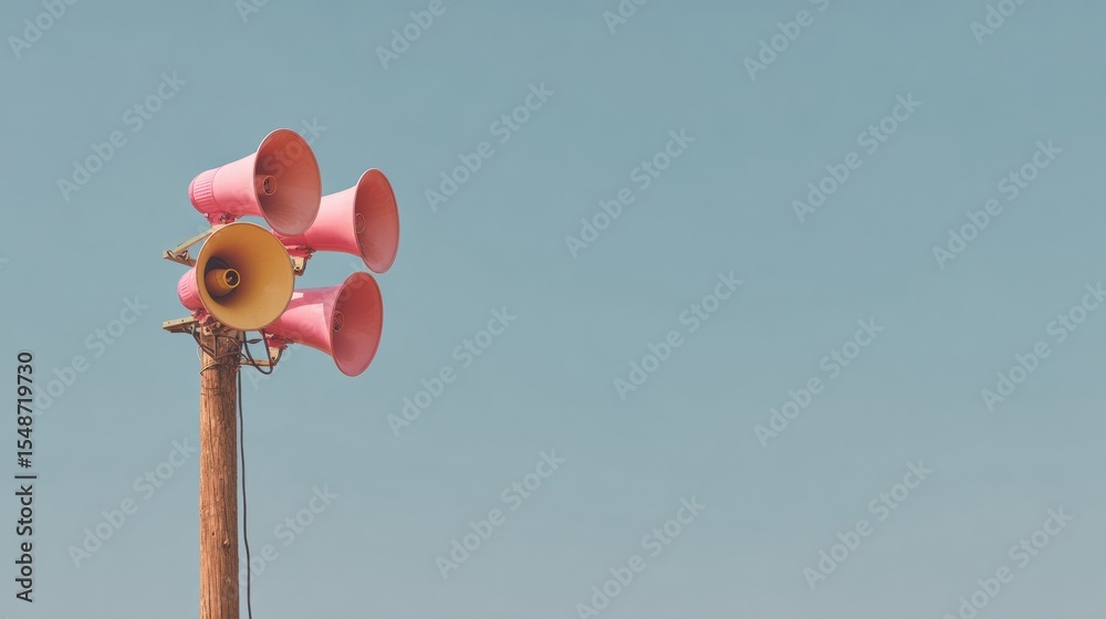 Poster modern tornado warning system with multi-directional red emergency sirens on wooden pole for communi