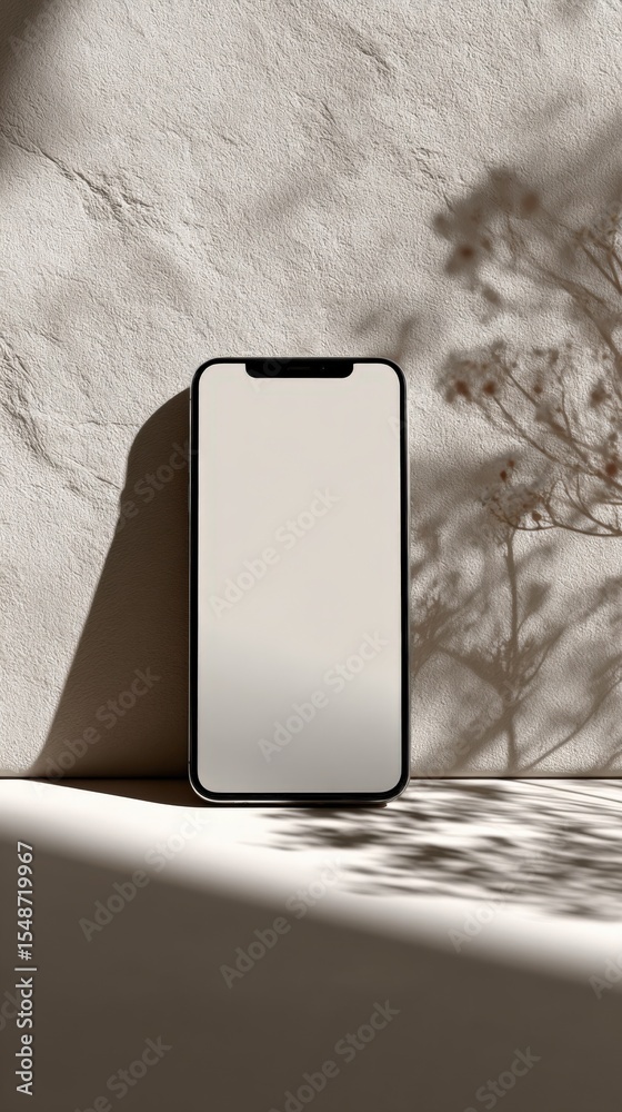 Poster modern sleek smartphone with a large empty screen leaning against a textured beige wall with shadows
