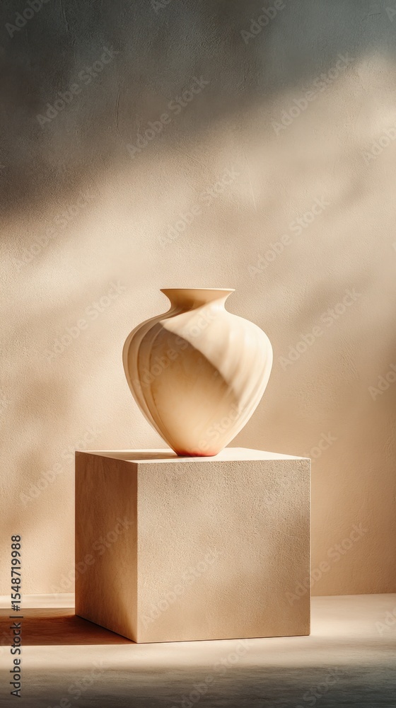 Poster elegant cream-colored ceramic vase with smooth curved design displayed on a beige pedestal with soft