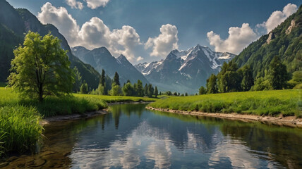 Fototapeta premium Mountain landscape with alpine meadow and colorful forest at sunset.