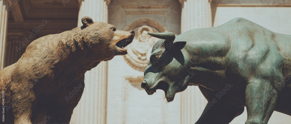 Poster market capitalization bull and bear statues battling outside financial building with stone columns s