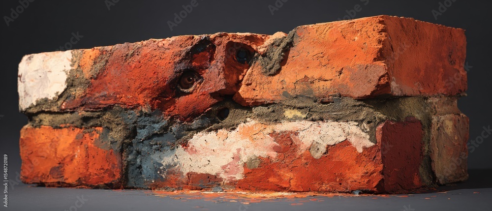 Poster weathered old brick wall with cracks and distressed texture showing layers of red white and black br