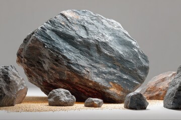 Large rugged dark gray and black rocks with textured surfaces on sandy ground, natural mineral stones for outdoor landscaping and decoration