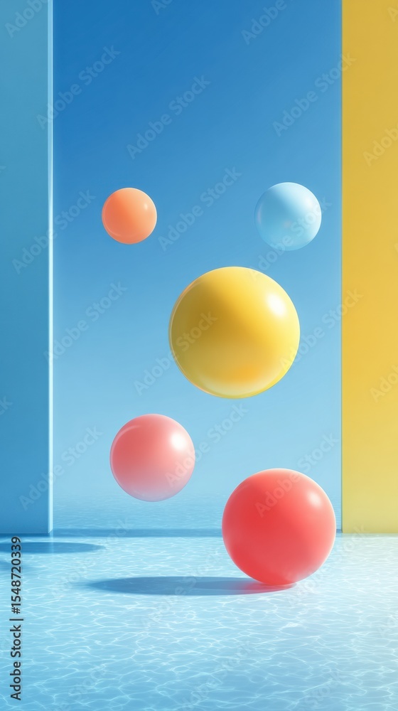Poster Modern Abstract Floating Spheres in Minimalist Blue and Yellow Space with Soft Shadows for Creative Digital Art and Design Innovation