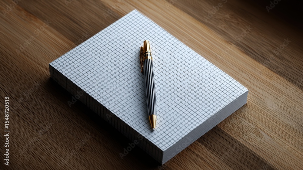 Aufkleber a neatly stacked pile of white graph paper notebooks with a gold and black pen placed on top on a wo