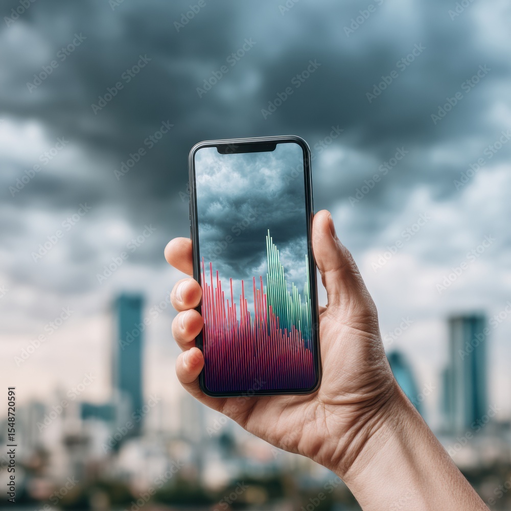 Poster real-time urban weather forecast on smartphone display with korean city skyline and cloudy skies - m